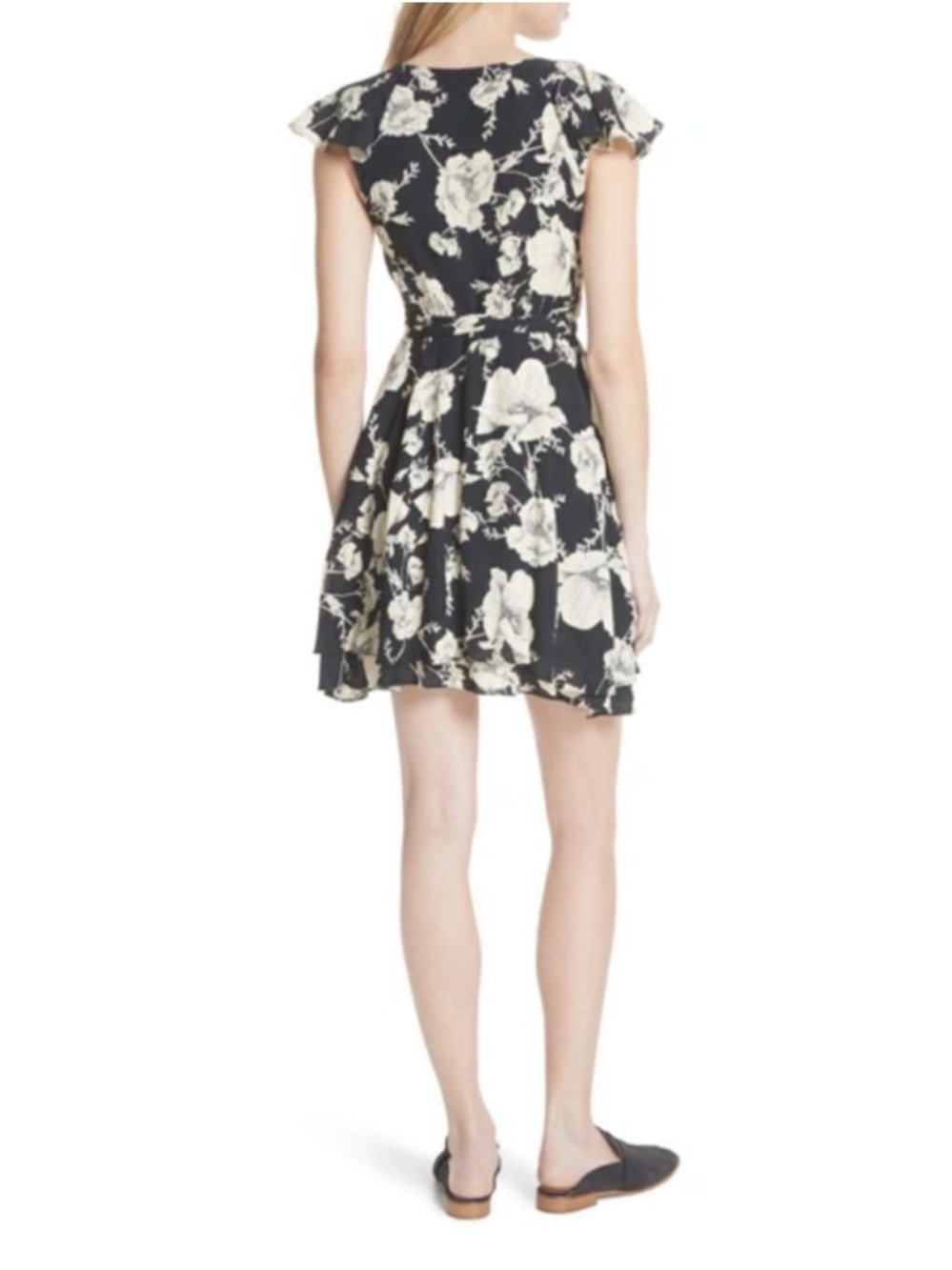 Free People Black & White Floral Wrap Mini Dress Sz M - Picture 10 of 10